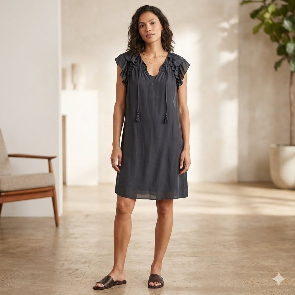 Grade & Gather Black Ruffle Sleeve V-Neck Tie Mini Dress‎ 60469 Small